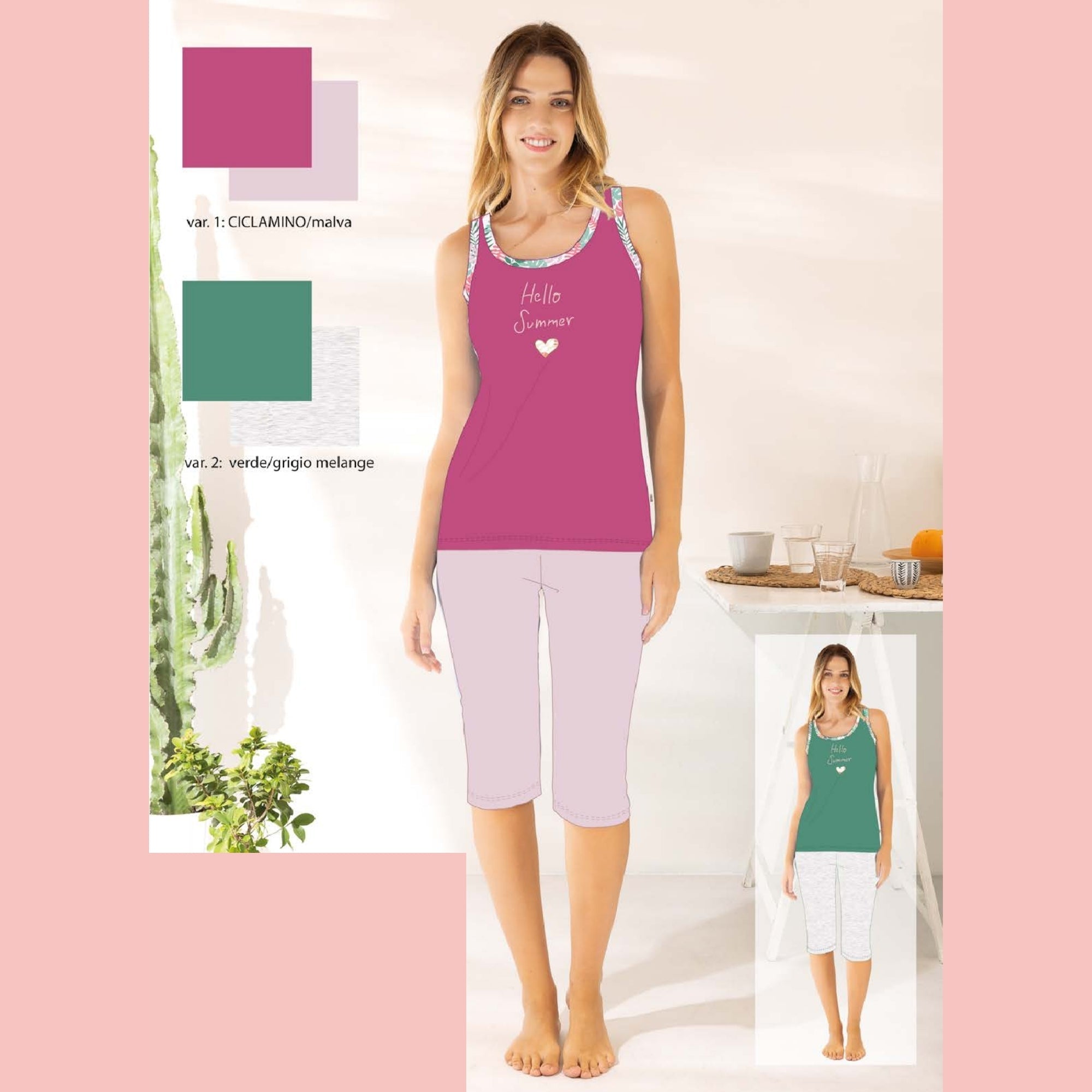 Irge Estate Pigiama Donna Pinocchietto Spalla Larga In Puro Cotone Con Stampa  Art. Mic2315