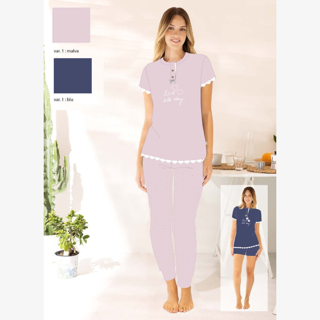 Irge Estate  Pigiama Donna 3 Pezzi M/manica+pantalone Lungo+corto In Puro Cotone Ricamato Art. Td52