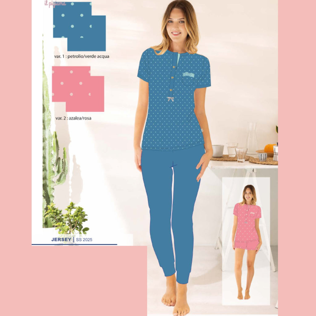 Irge - Pigiama Donna 3 Pezzi Mezza Manica + Pantalone Lungo + Corto In Puro Cotone Art. Td53
