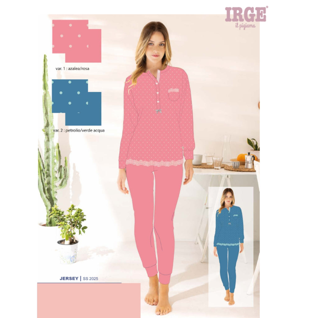 Irge - Pigiama Serafino Donna Lungo Calibrato In Jersey Puro Cotone Ricamato Art. Cdml207