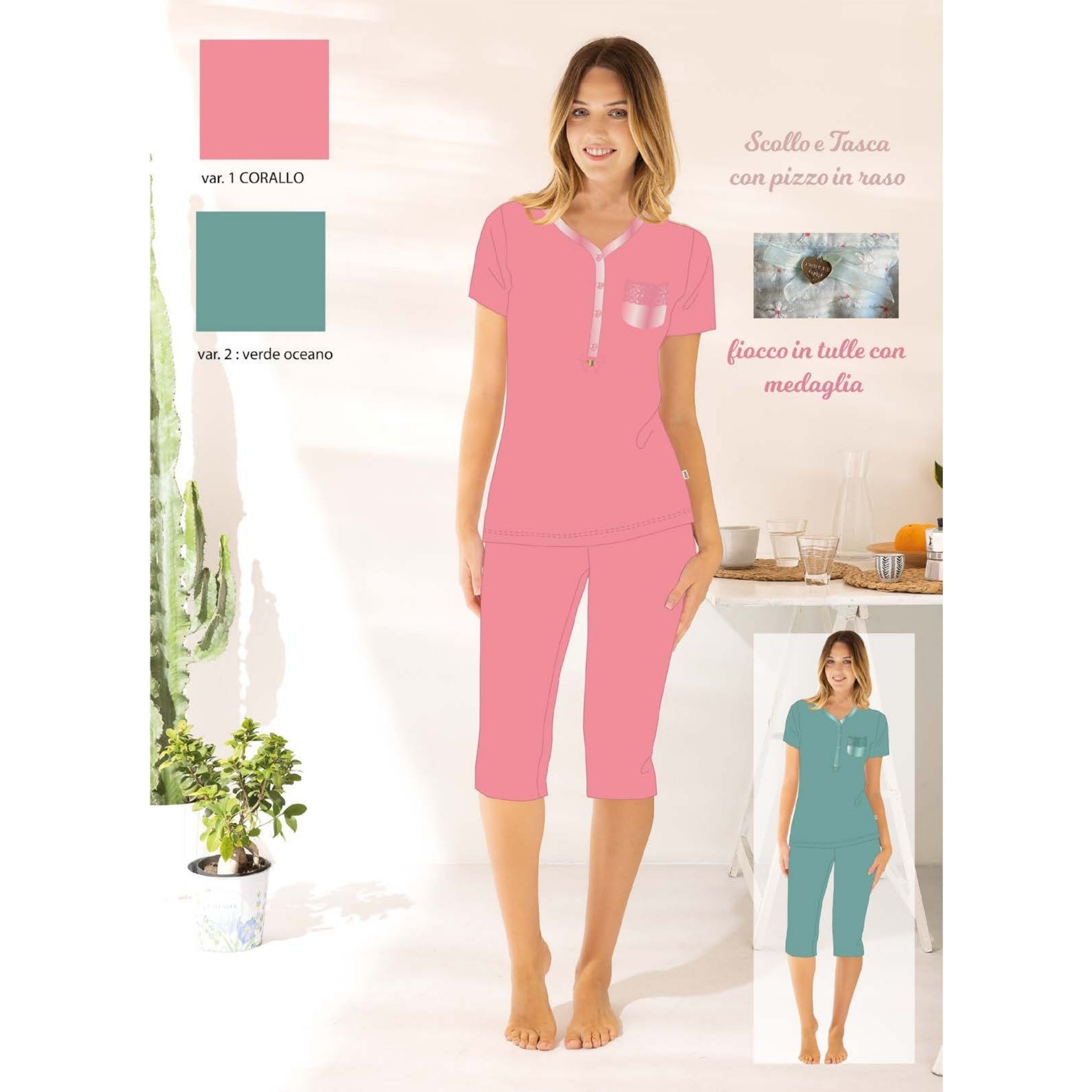 Irge Estate Pigiama Donna Calibrato Serafino Mezza Manica Pescatore In Puro Cotone Art. Cdmc210