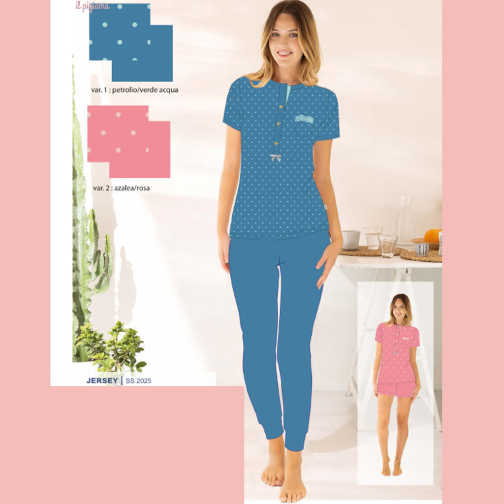 Irge - Pigiama Donna Calibrato 3 Pezzi Mezza Manica + Pantalone Lungo + Pantalone Corto 100% Cotone Art. Tdc28