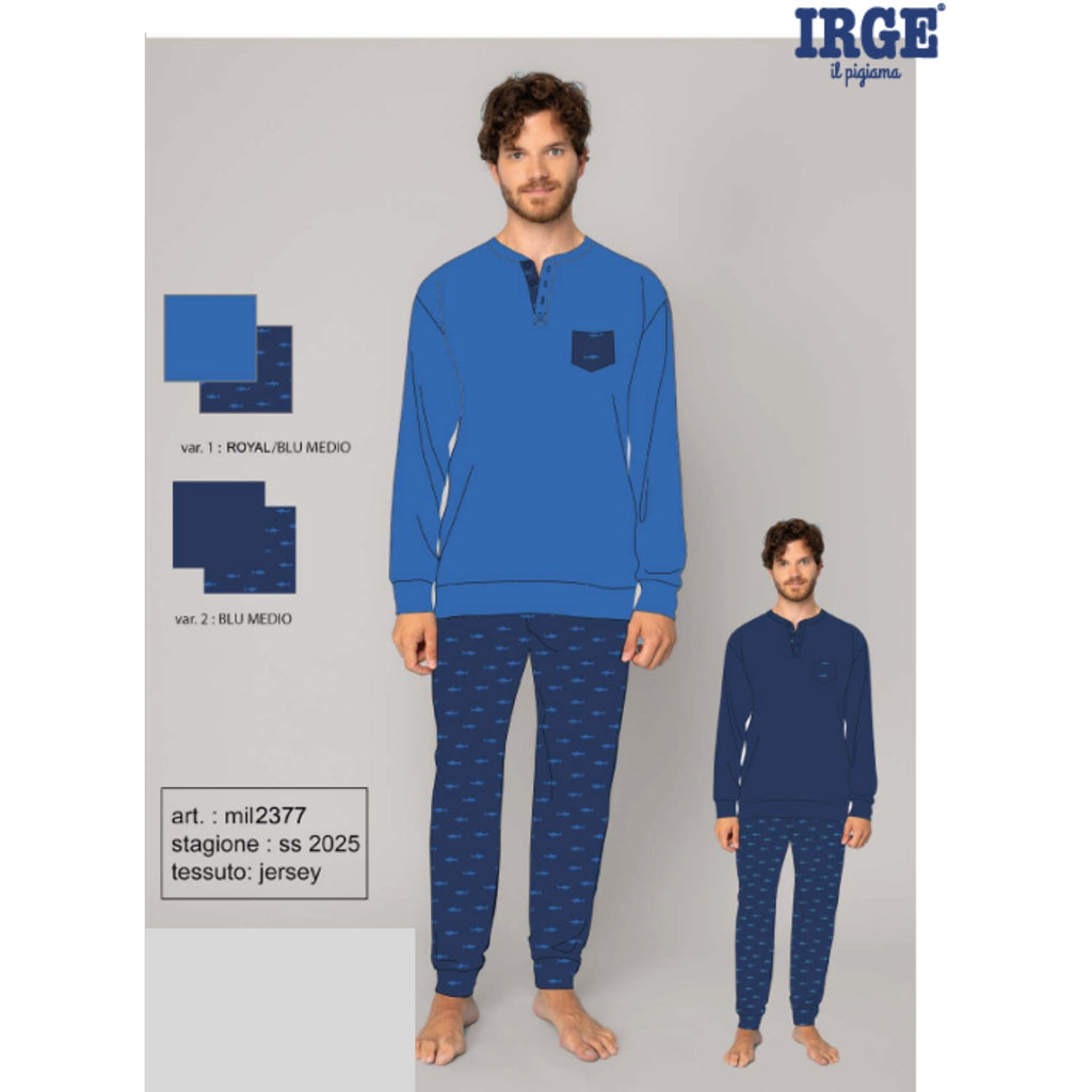 Irge - Pigiama Serafino Uomo Lungo In Jersey Puro Cotone Con Taschino Art. Mil2377