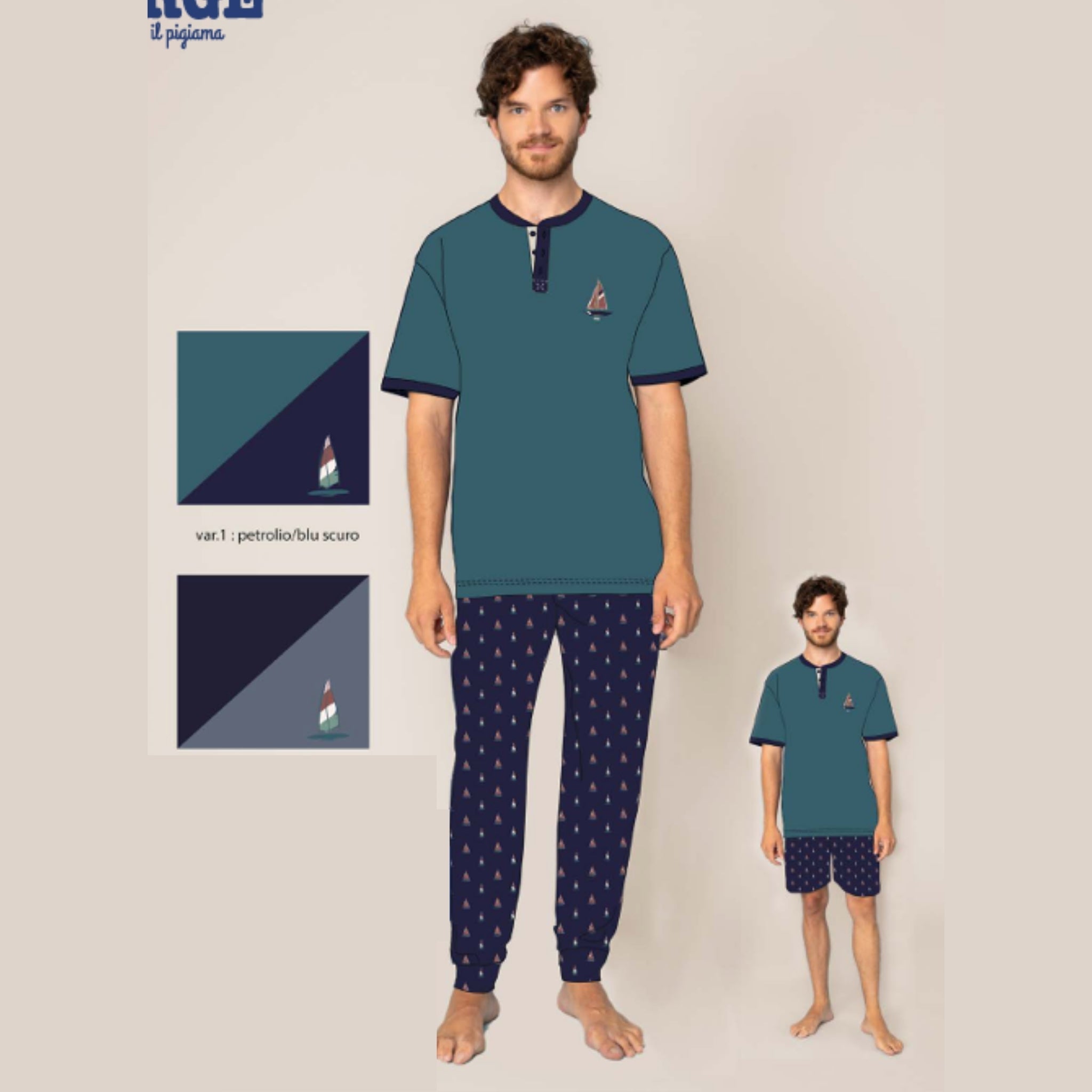 Irge - Pigiama 3 Pezzi Uomo Mezza Manica + Pantalone Lungo + Corto 100%cotone Art. Tu41 Tris