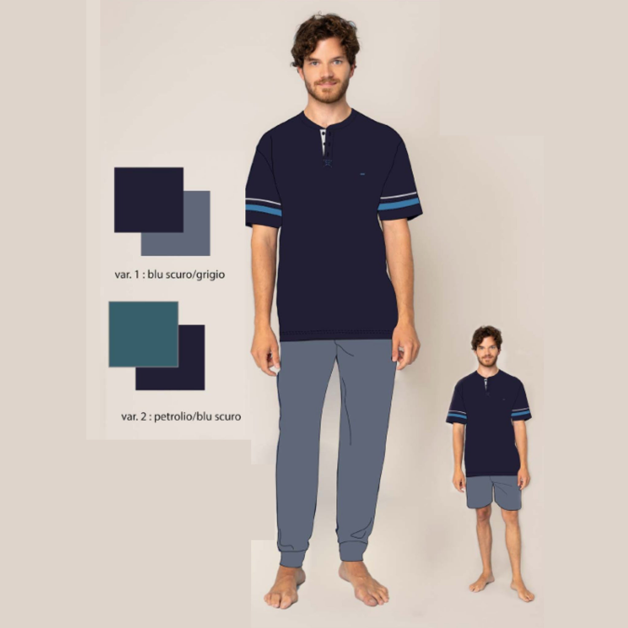 Irge - Pigiama 3 Pezzi Uomo Mezza Manica + Pantalone Lungo + Corto 100%cotone Art. Tu42