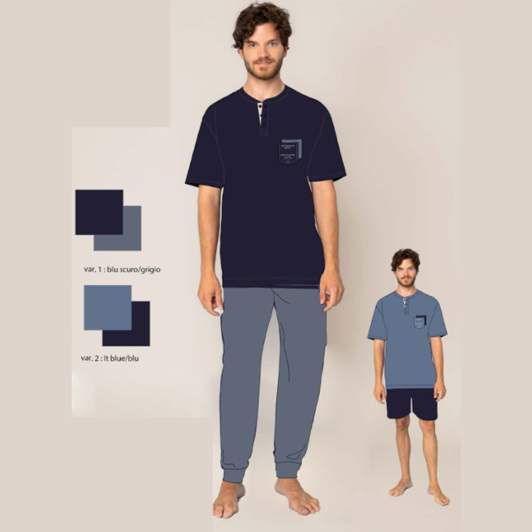 Irge - Pigiama 3 Pezzi Uomo Mezza Manica + Pantalone Lungo + Corto 100%cotone Art. Tu45