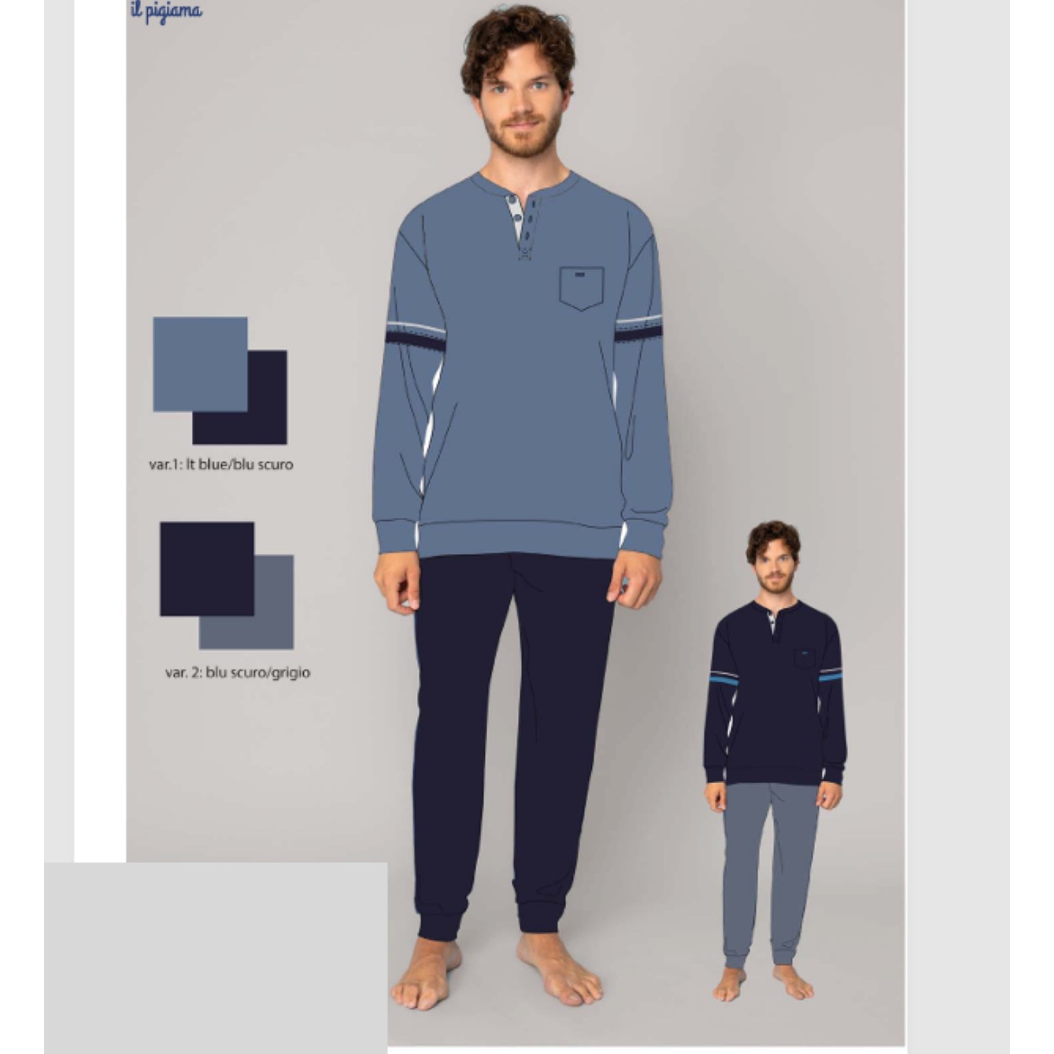 Irge - Pigiama Serafino Uomo Calibrato Lungo In Jersey Puro Cotone Con Taschino Art. Cuml100