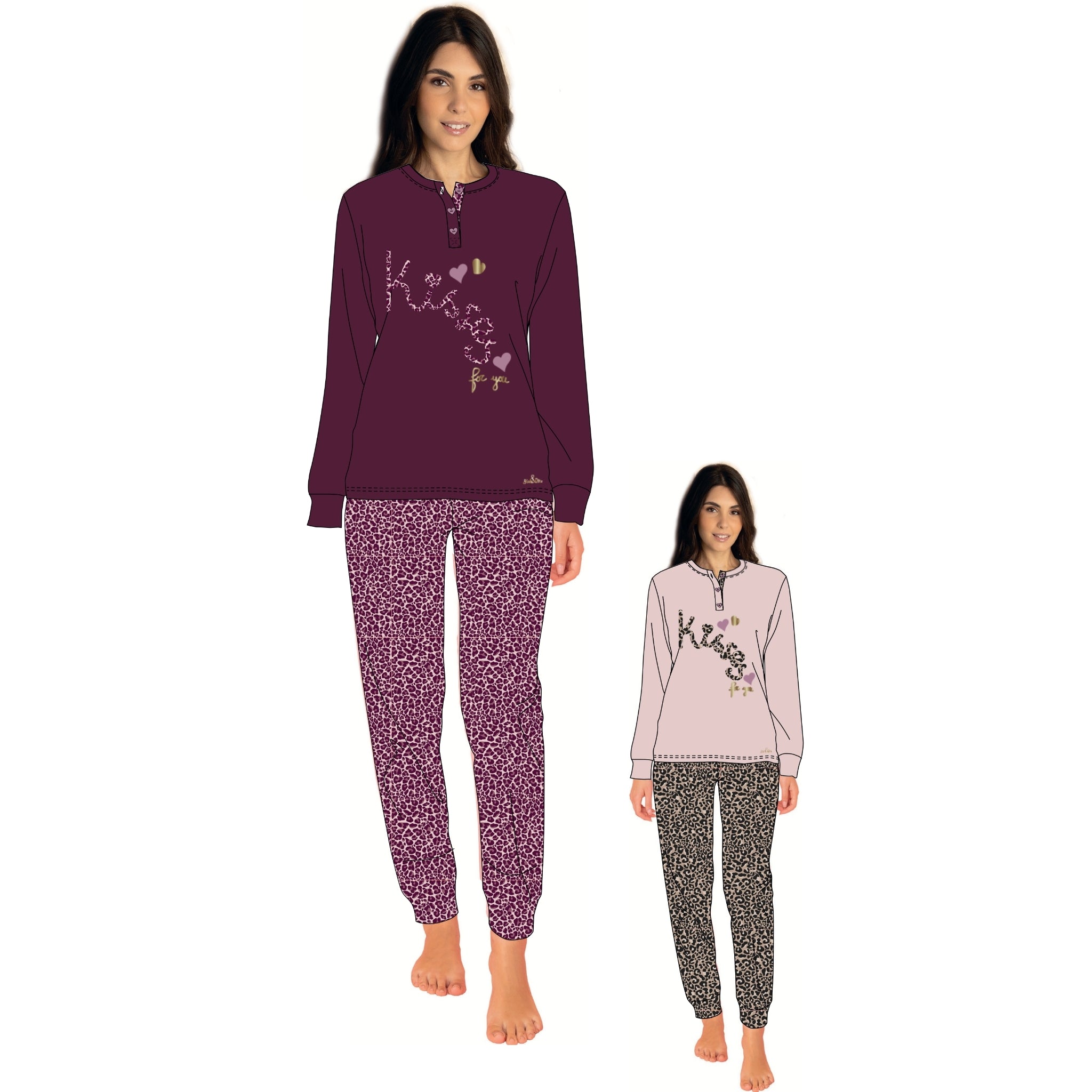 You & Me Inverno Pigiama Donna Fantasia Serafino 3 Bottoni In Caldo Cotone Con Stampa Art. Ymi717