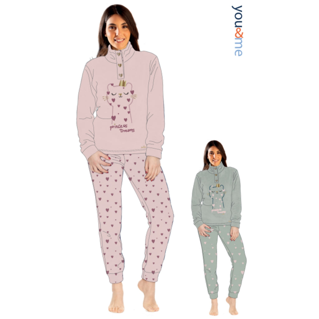 You&me Donna Coral Pigiama Donna Serafino In Soffice Coral Con Pantalone Stampato Art. Ymc729