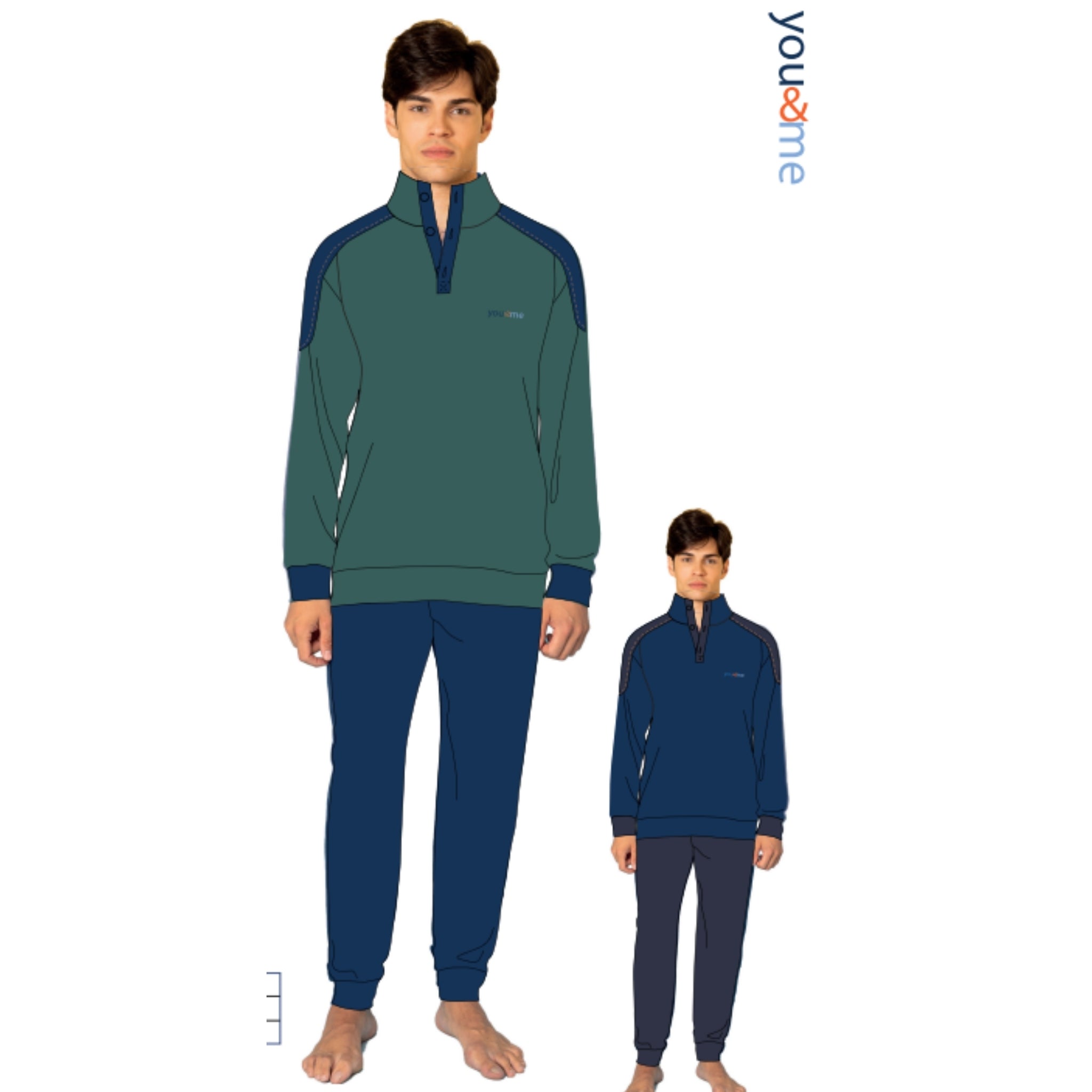 You&me By Irge Uomo Pile Pigiama Uomo Serafino Bicolore In Pile Con Ricamo E Pantalone Con Taschino Art. Ymp704