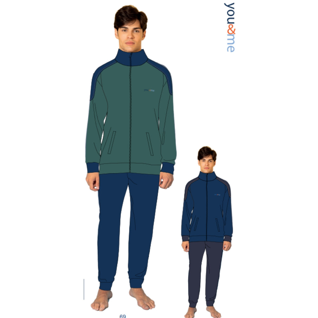 You&me By Irge Uomo Pile Pigiama Uomo Bicolore Full Zip In Pile Con Ricamo E Pantalone Con Taschino Art. Ymp706