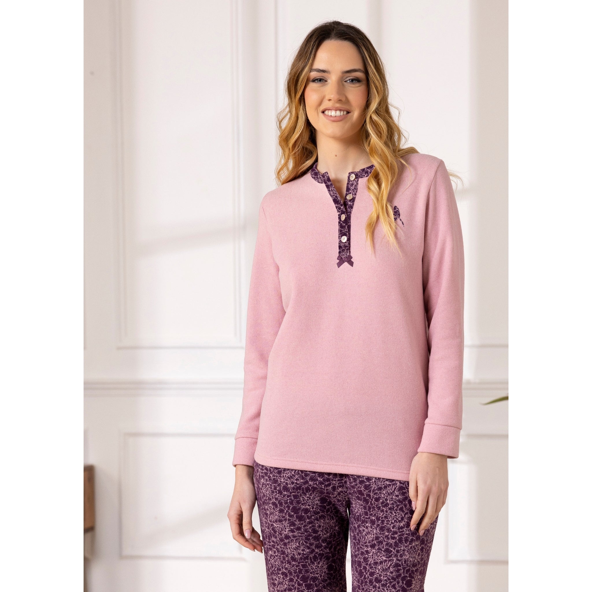 Linea Irge Punto Milano Pigiama Donna Ricamato Serafino 3 Bottoni Pantalone Fantasia Art. Ptd65