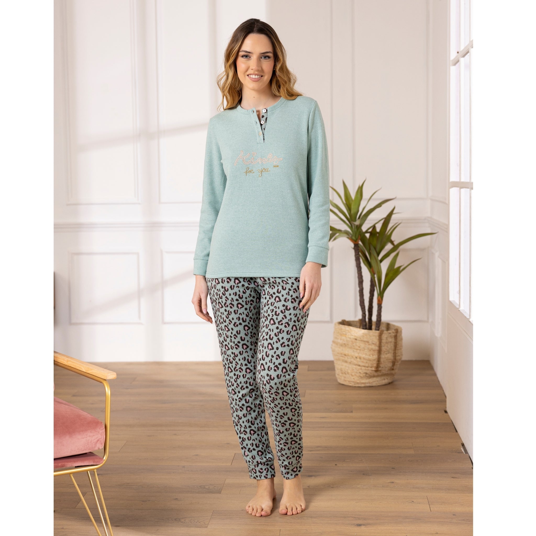 Linea Irge Punto Milano Pigiama Donna Ricamato Serafino 3 Bottoni Pantalone Fantasia Art. Ptd66
