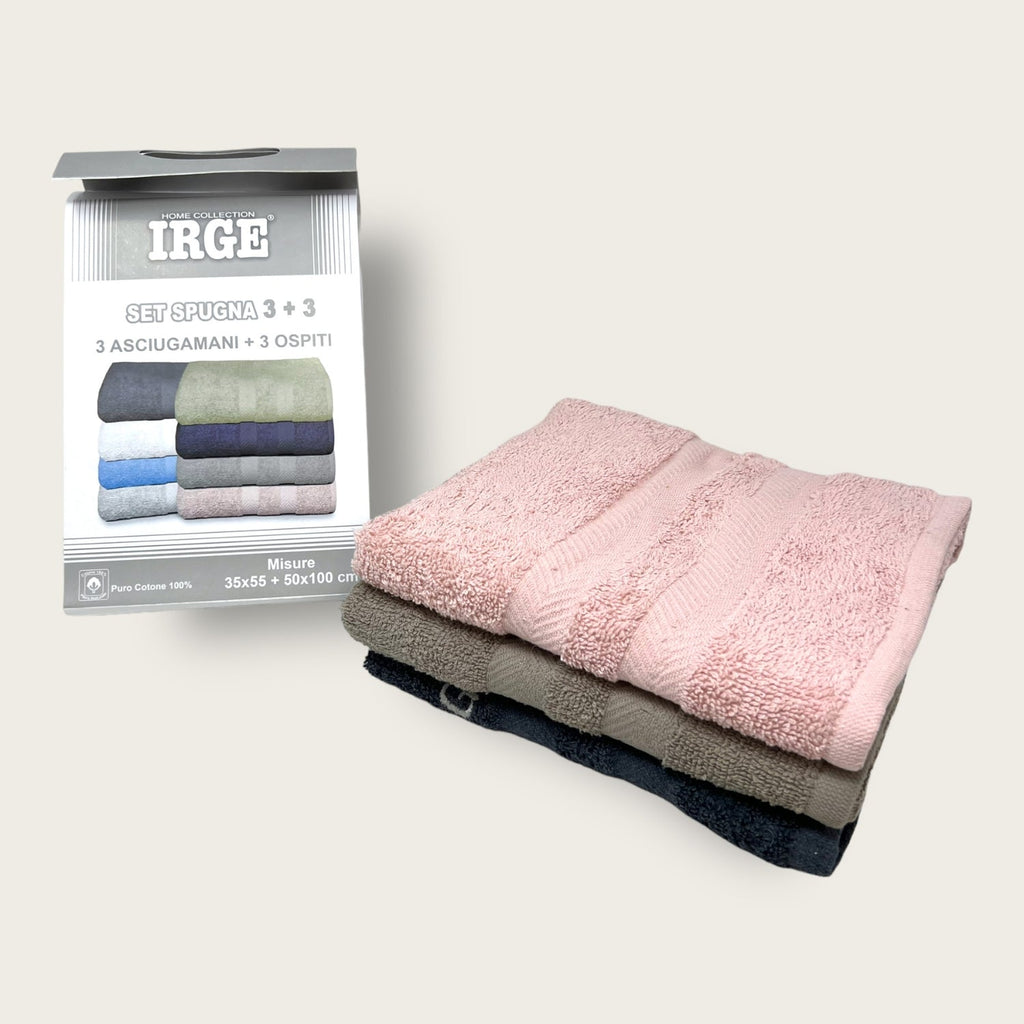 Irge Set -3 Asciugamani + 3 Ospiti Con Ricamo In Spugna Cotone 100% Tinta Unita  Art. 3+3 Spugna