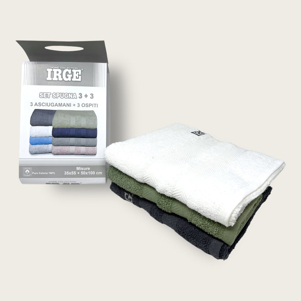 Irge Set -3 Asciugamani + 3 Ospiti Con Ricamo In Spugna Cotone 100% Tinta Unita  Art. 3+3 Spugna