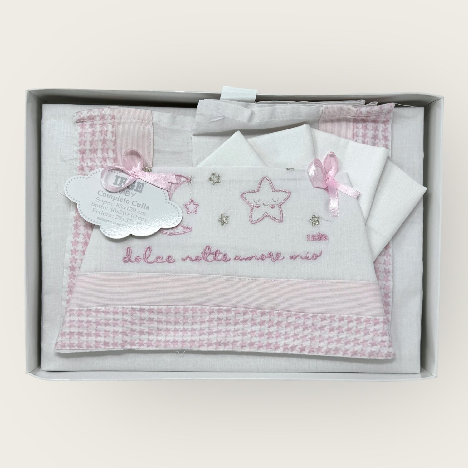 Irge Baby Completo Culla 3 Pezzi -sotto+sopra+federa Ricamato In Puro Cotone Misura 90x120  Art. Bicc07