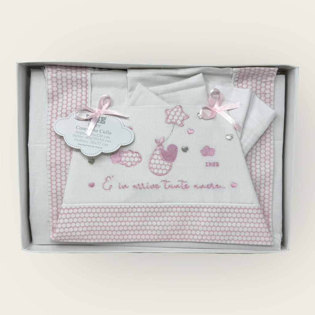 Irge Baby Completo Culla 3 Pezzi -sotto+sopra+federa Ricamato In Puro Cotone Misura 90x120  Art. Bicc08