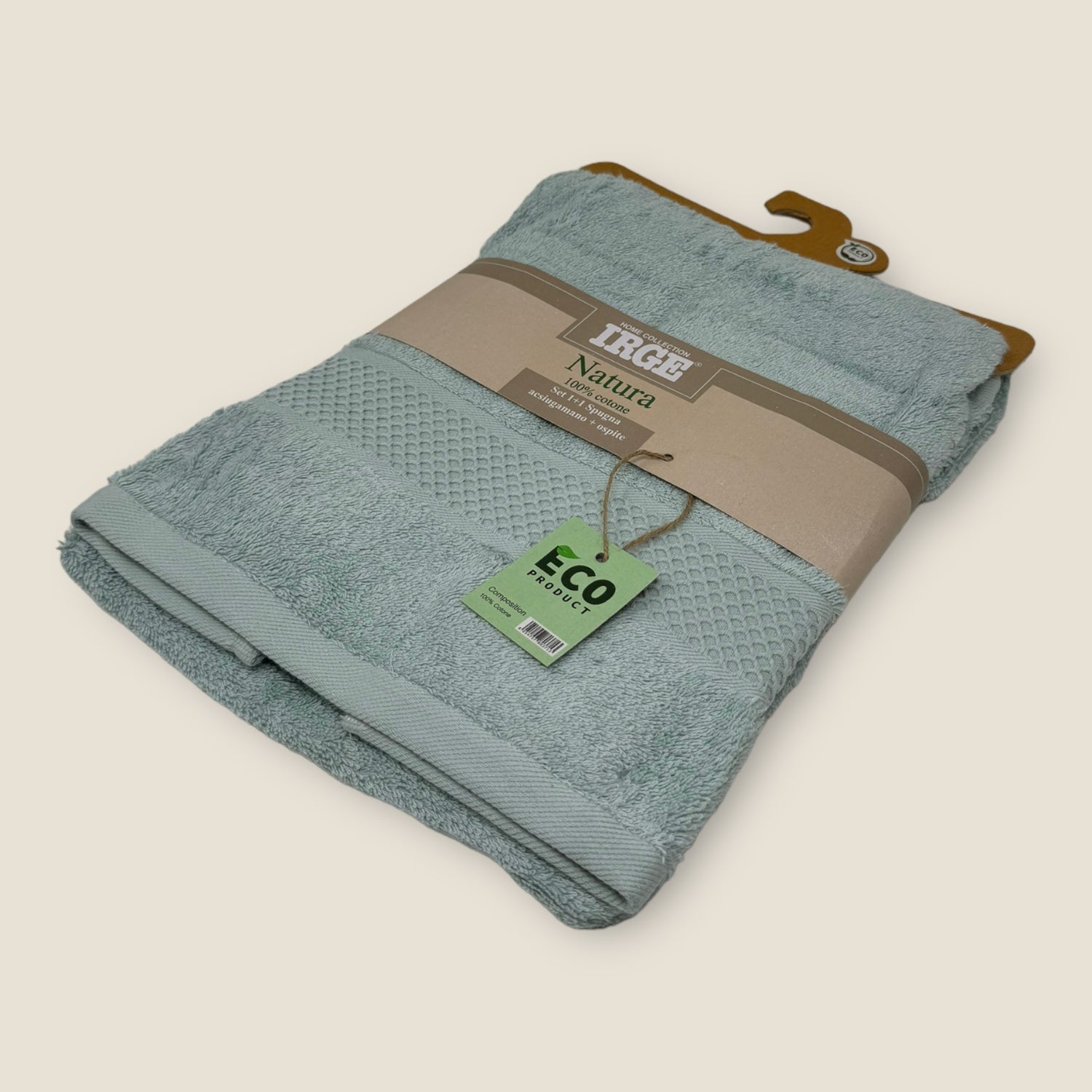 Irge Natura Set Spugna 1 Ospite + 1 Asciugamano In Spugna 100% Cotone Con Balza In Tinta  Art Natura Eco