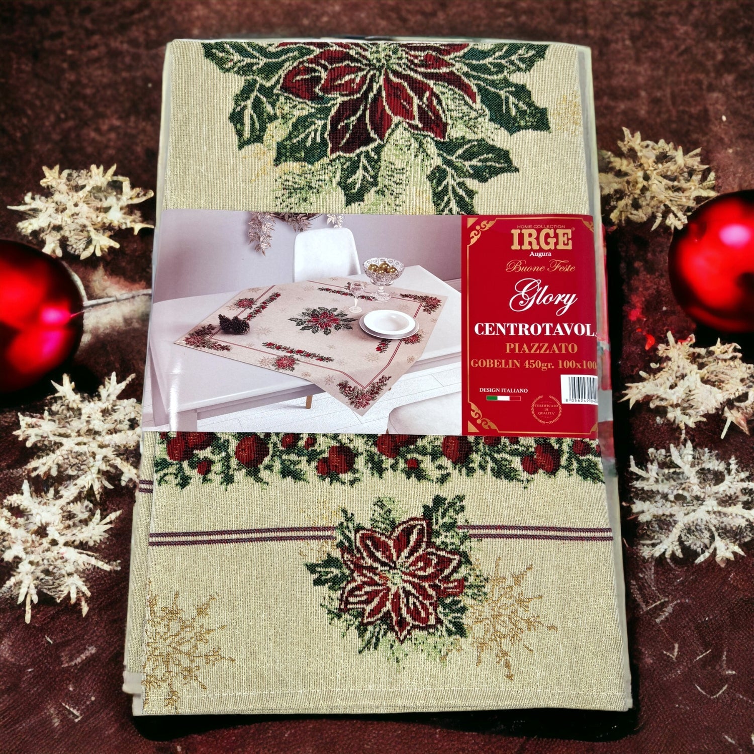 Irge Natale  -centrotavola 100x100 Disegmo Piazzato In Gobelin Di Cotone 4 Fantasie  Art. Irn42
