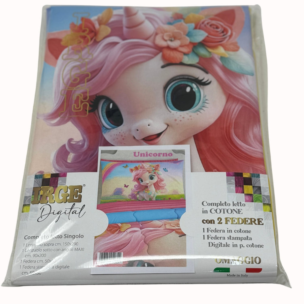 Irge - Completo Letto Singolo Con Stampa Digitale In Cotone 2 Federe (1 Stampata 1in Cotone) Art. Unicorno
