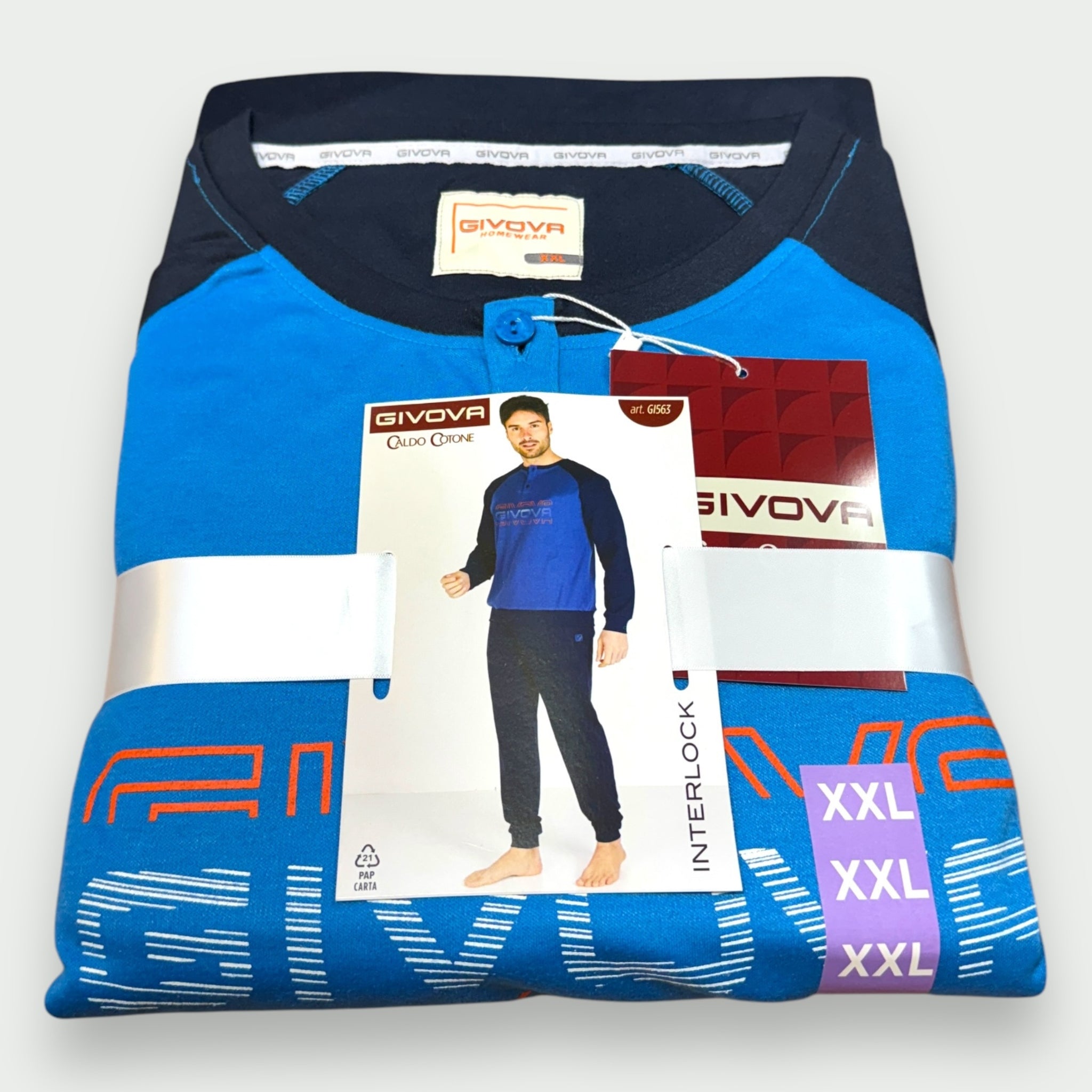 Givova - Pigiama Uomo Caldo Cotone Interlock 100% Cotone Maglia Con Ricamo Pantaloni Con Polsino Art. Gi563