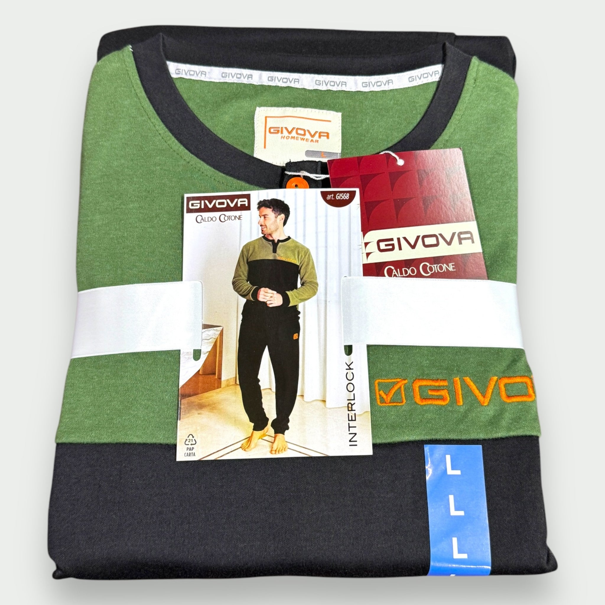 Givova - Pigiama Uomo Caldo Cotone Interlock 100% Cotone Maglia Con Ricamo Pantaloni Con Polsino Art. Gi568