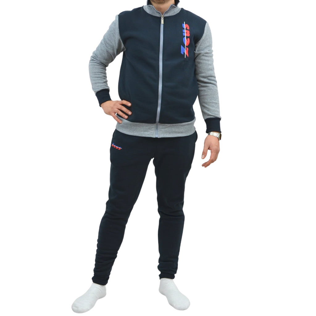 Zeus Tuta Uomo Full Zip In Felpa Pantalone Con Tasca E Elastico Alla Caviglia Blu Grigio Art.mz01