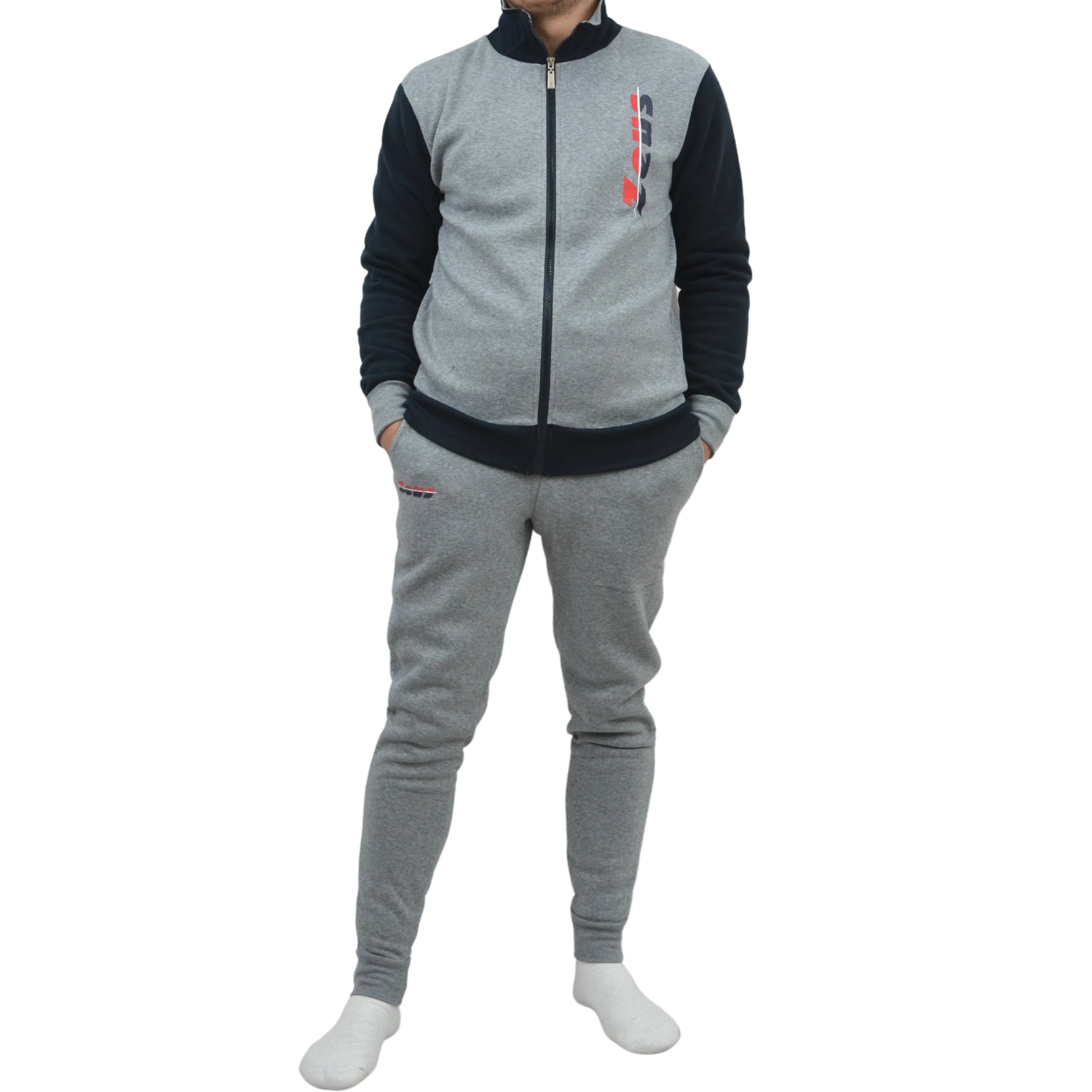 Zeus Tuta Uomo Full Zip In Felpa Pantalone Con Tasca E Elastico Alla Caviglia Blu Grigio Art.mz01