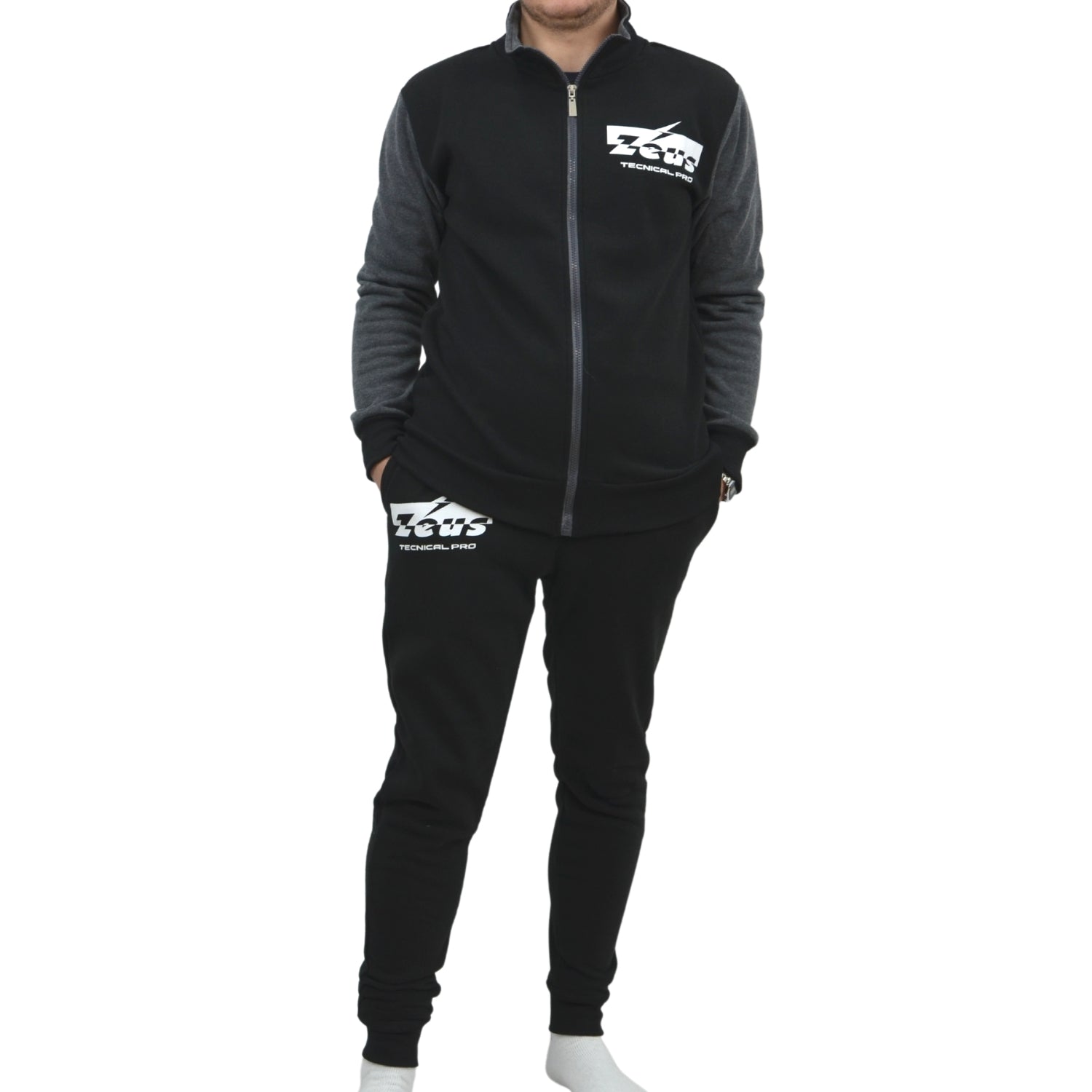 Zeus Tuta Uomo Full Zip In Felpa Pantalone Con Tasca E Elastico Alla Caviglia  Nero Grigio  Art.mz02