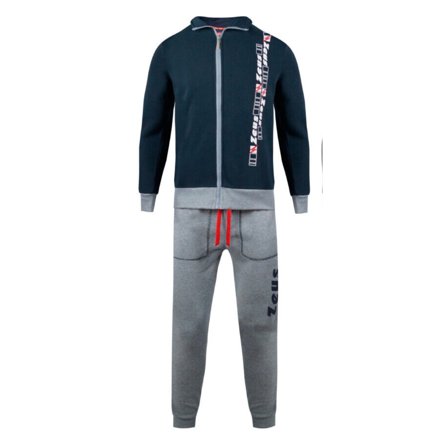 Zeus Tuta Uomo Full Zip In Felpa Pantalone Con Tasca E Elastico Alla Caviglia Blu Grigio  Art.mz05