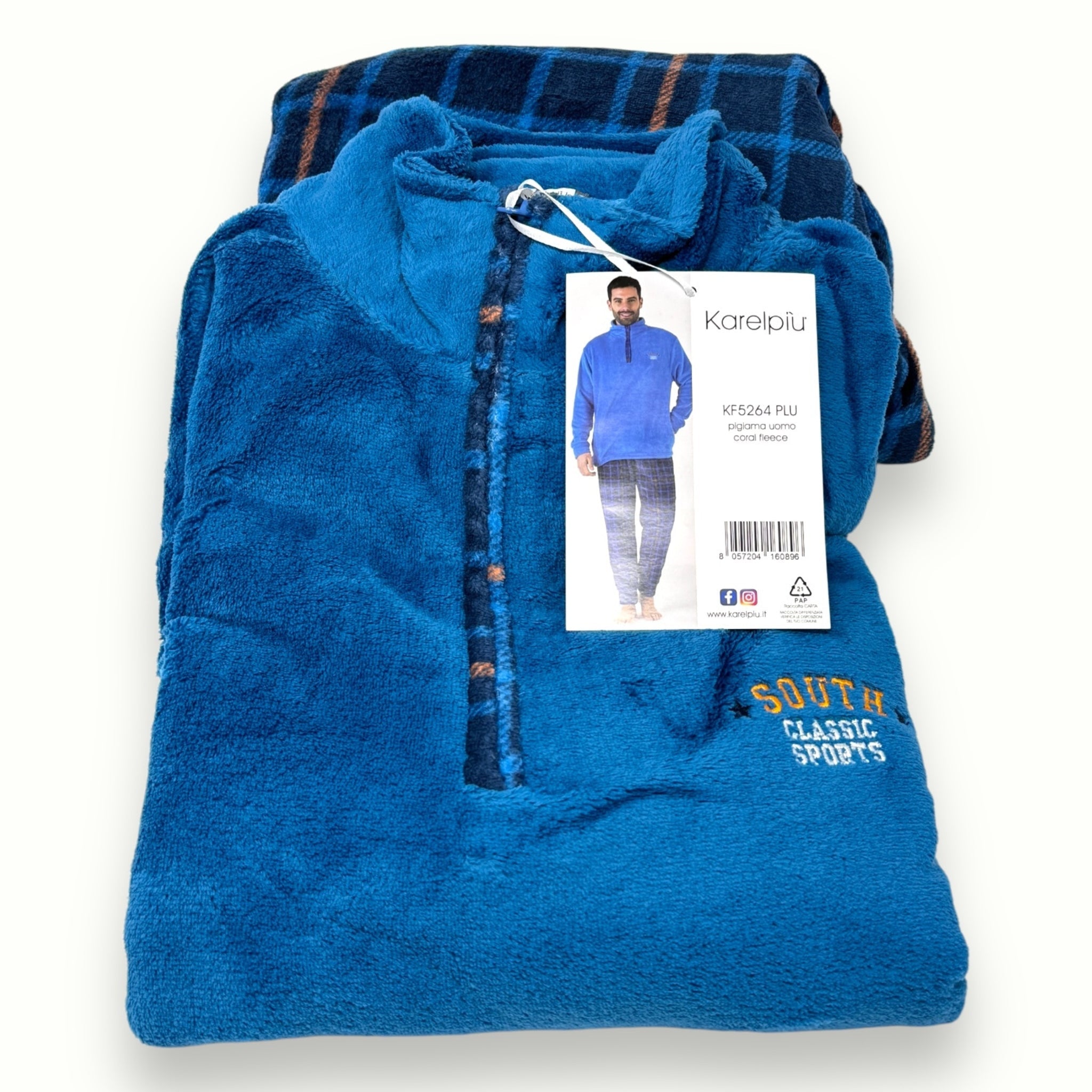 Karel - Pigiama Uomo Lupo Zip In Caldo Coral Fleece Con Pantalone Fantasia Art. Kf5264