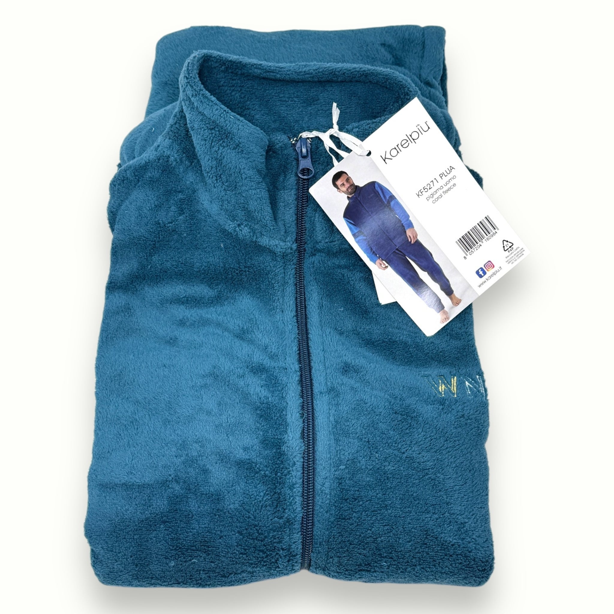 Karel - Pigiama Uomo Full Zip In Caldo Coral Fleece Con Pantalone Con Polsini  Art. Kf5271