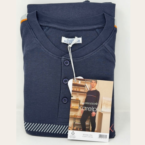 Karel Pigiama Uomo Serafino Con Stampa In Caldo Cotone Pantalone Unito  Art.5446