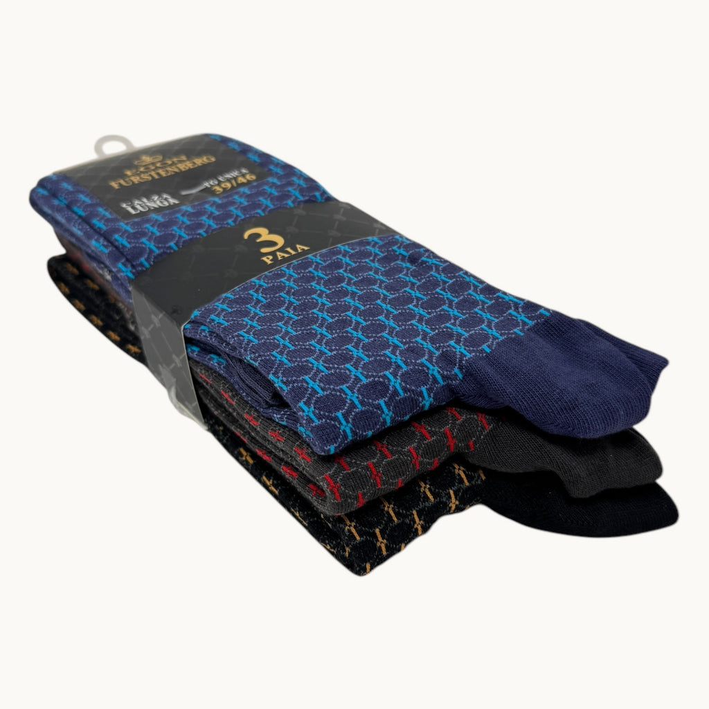 Egon Furstenberg - Pacco Da 3 Calze Uomo Lungo In Caldo Cotone 100% Fantasia (colori Assortiti) Art. Ef89l