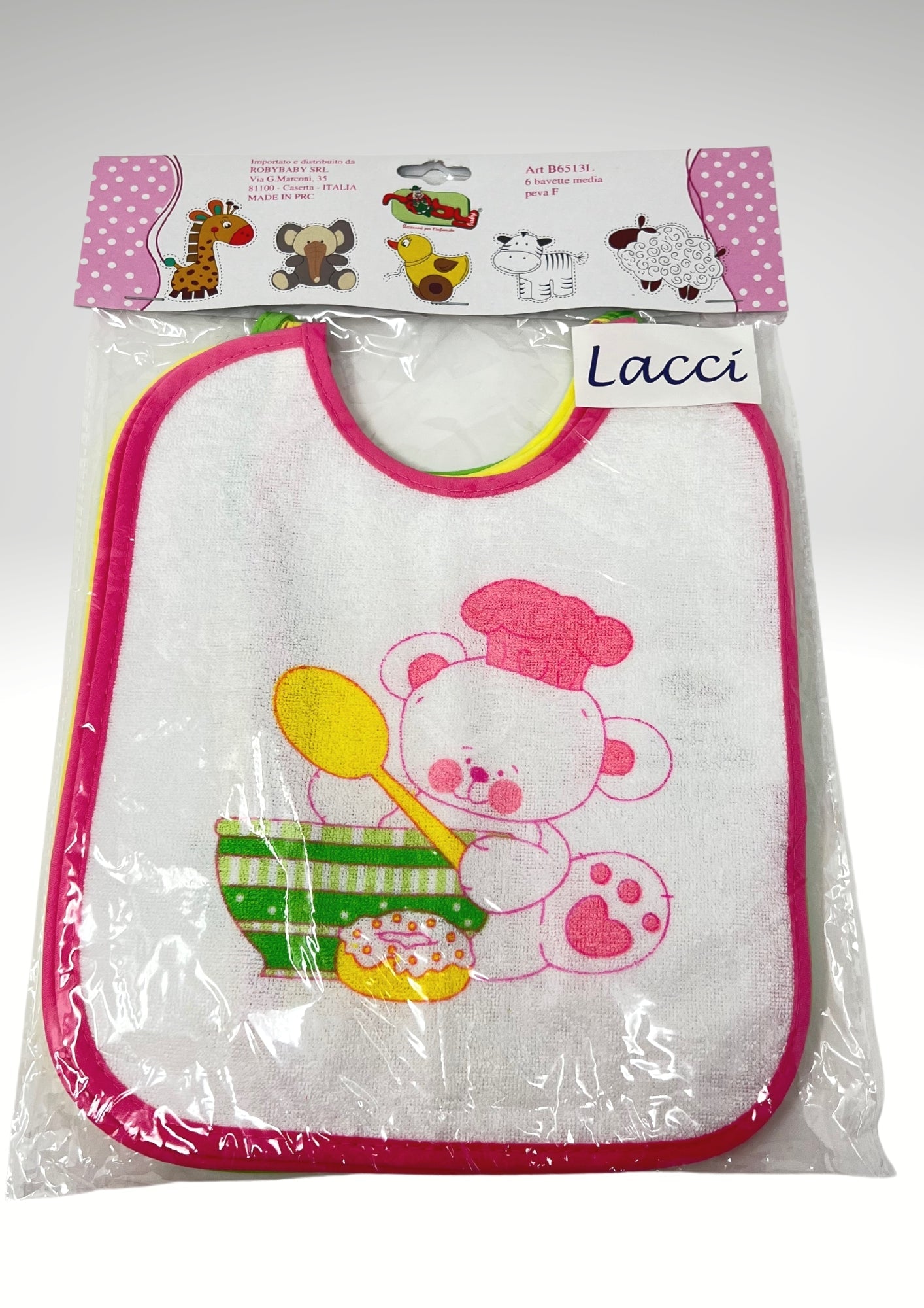 Roby - 6 Bavette Medie Spugna Retro Pvc Chiusura/laccetti Stampata Femminuccia Art. B6513l