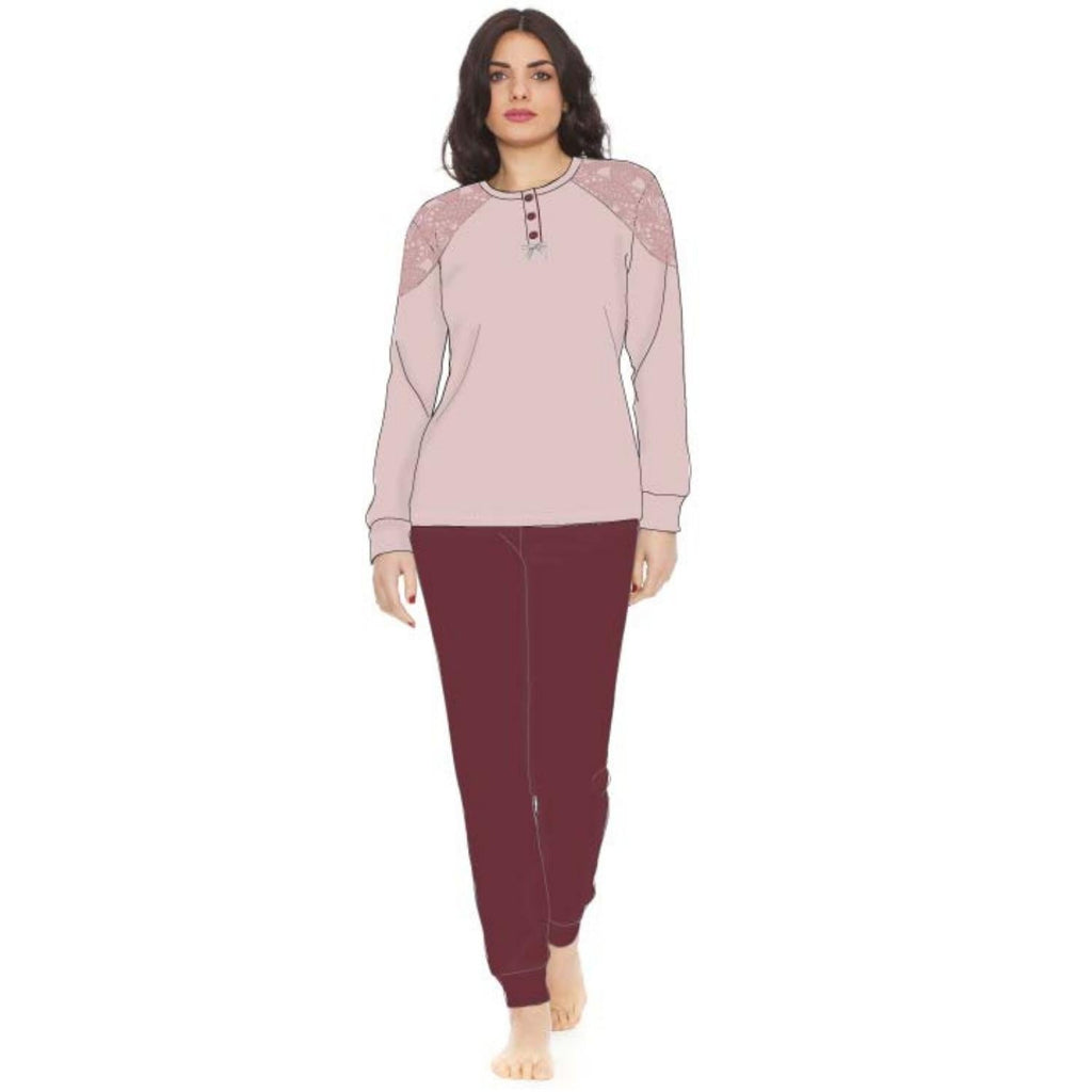 Irge Woman -pigiama Donna In Caldo Cotone 100% Serafino 3 Bottoni Con Inserto In Pizzo  Art. Mi1418