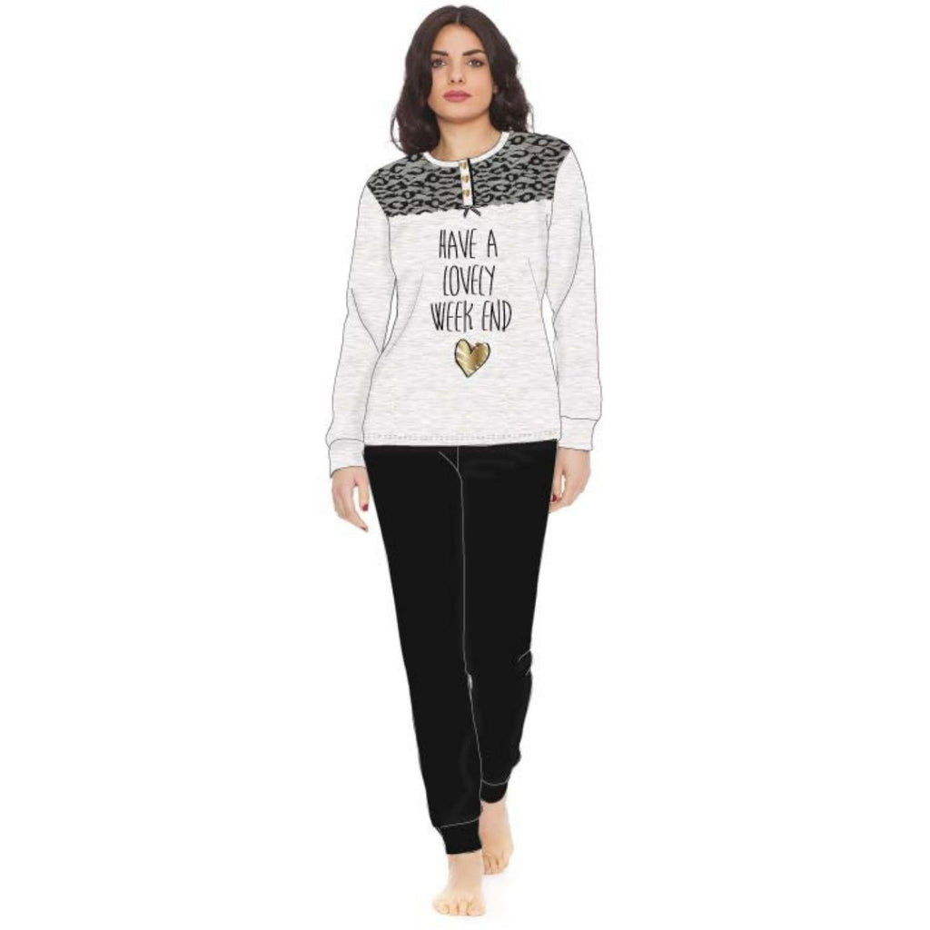 Irge Woman -pigiama Donna In Caldo Cotone 100% Serafino 3 Bottoni Con Inserto In Pizzo  Art. Mi1427