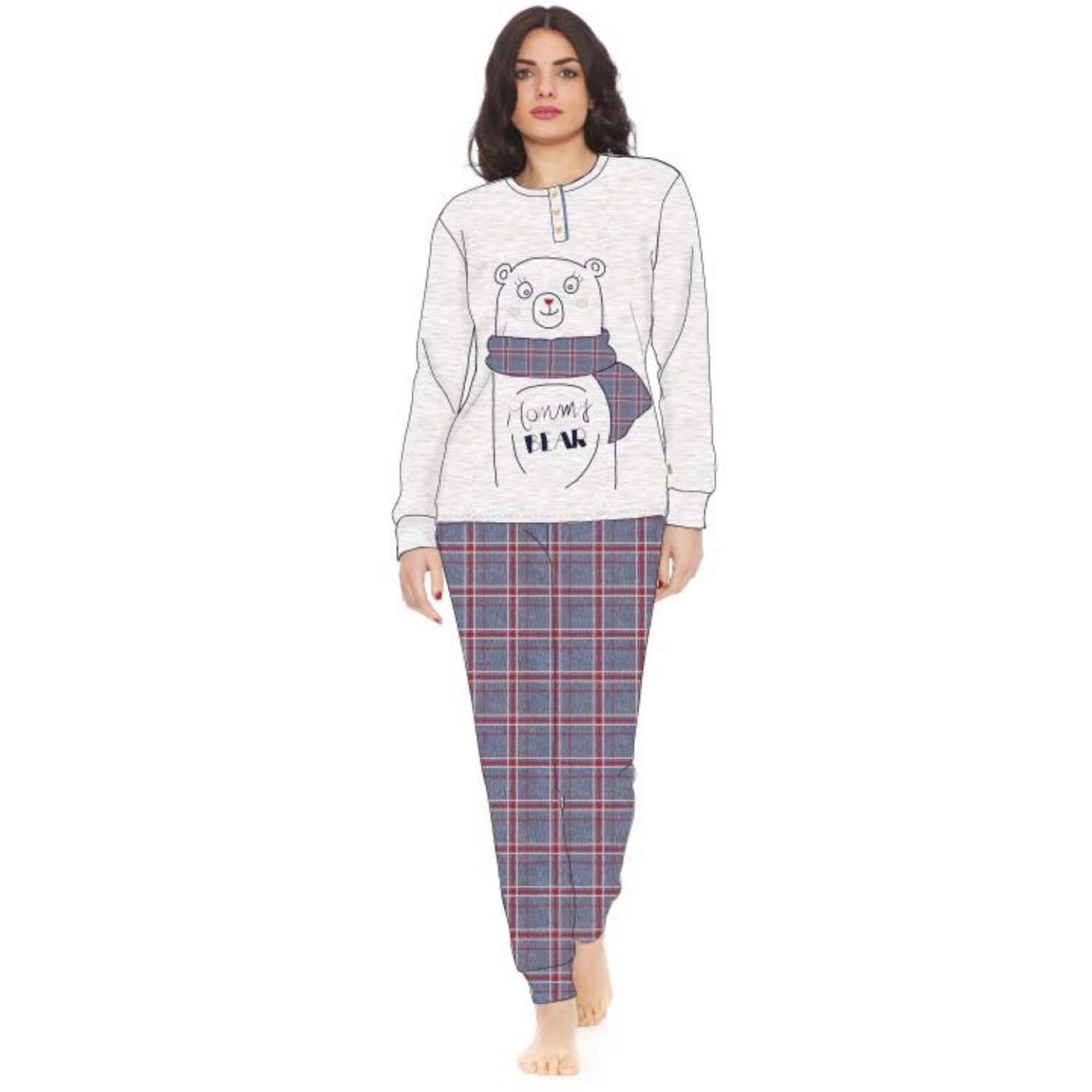 Irge Woman -pigiama Donna Caldo Cotone 100% Serafino 3 Bottoni -disegno Orso-  Art. Mi1429