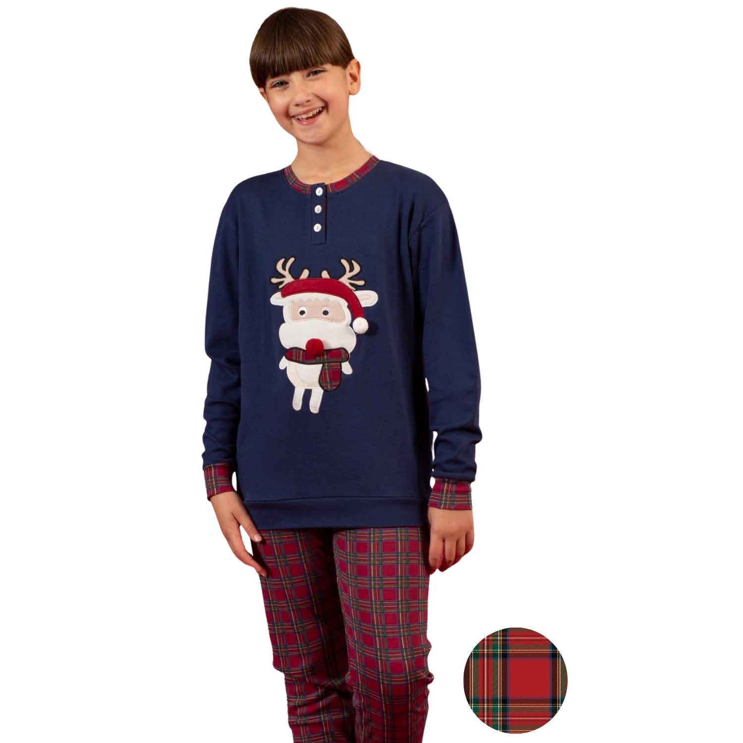 Irge Natale -pigiama Bimba Natalizio In Caldo Cotone Pantalone Quadri Maglia Con Ricamo  Art. Ik271