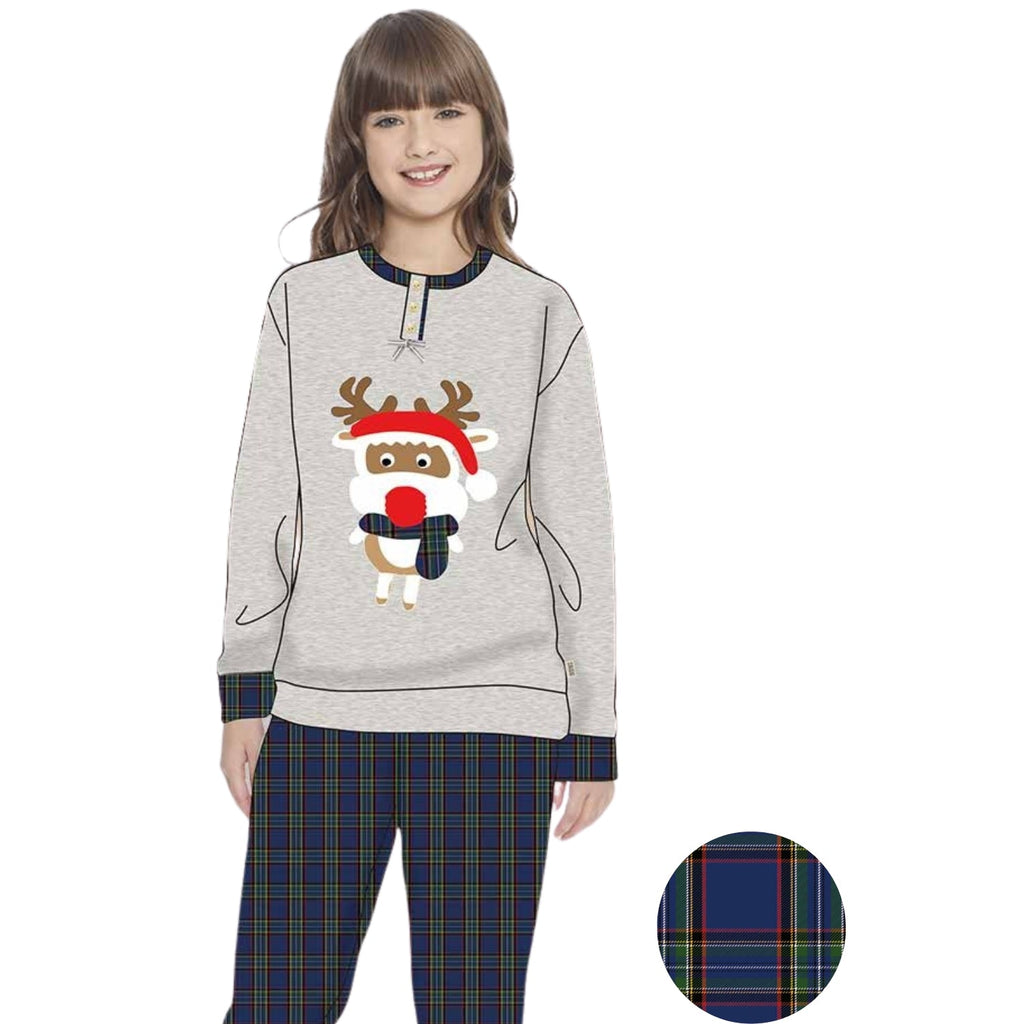 Irge Natale -pigiama Bimba Natalizio In Caldo Cotone Pantalone Quadri Maglia Con Ricamo  Art. Ik271
