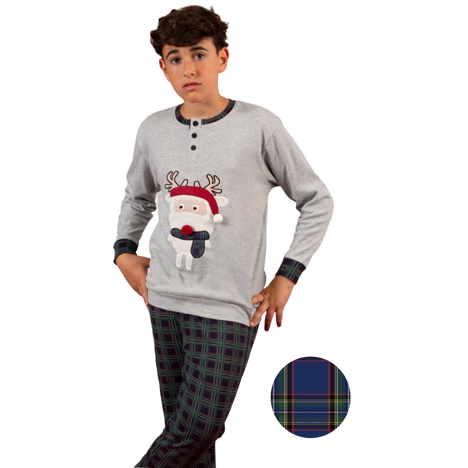 Irge Natale -pigiama Bimbo Natalizio In Caldo Cotone Pantalone Quadri Maglia Con Ricamo  Art. Ik272