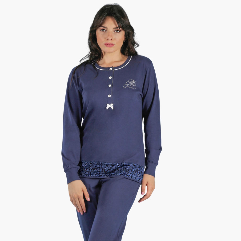 Irge Pigiama Donna Cotone Lungo Serafino Elastico Caviglia  Inserto In Pizzo Art. Ir1484