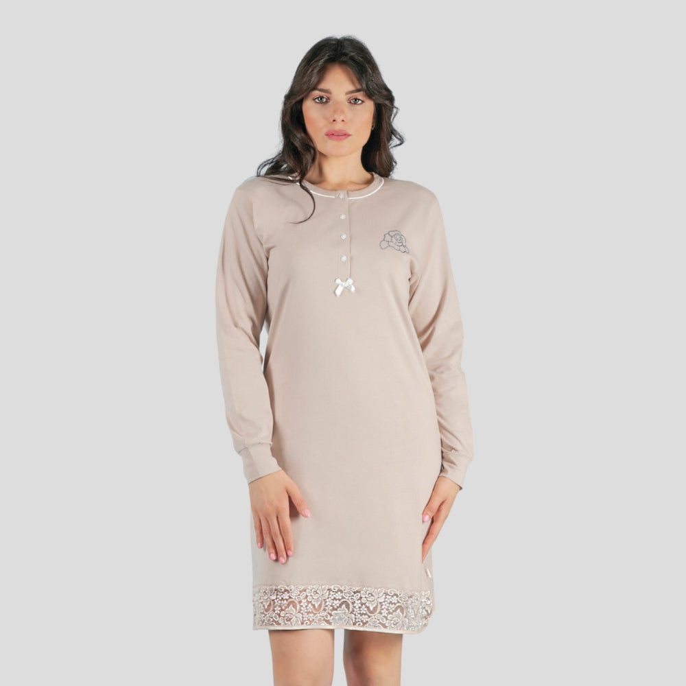 Irge Camicia Da Notte Corta In Puro Cotone Inserto In Pizzo Serafino 4 Bottoni  Art. Ir1485