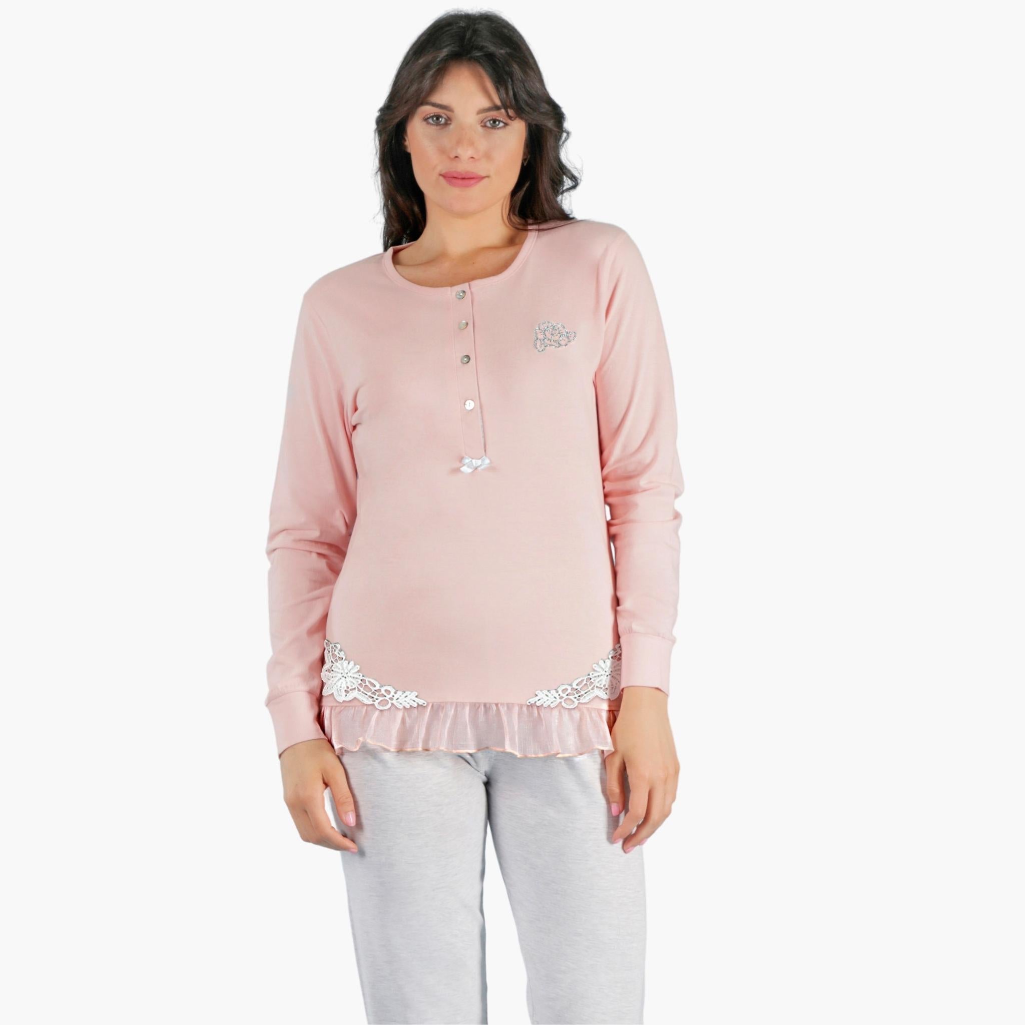 Irge Pigiama Donna Cotone In Puro Lungo Serafino Elastico Caviglia  Inserto In Pizzo Art. Ir1488