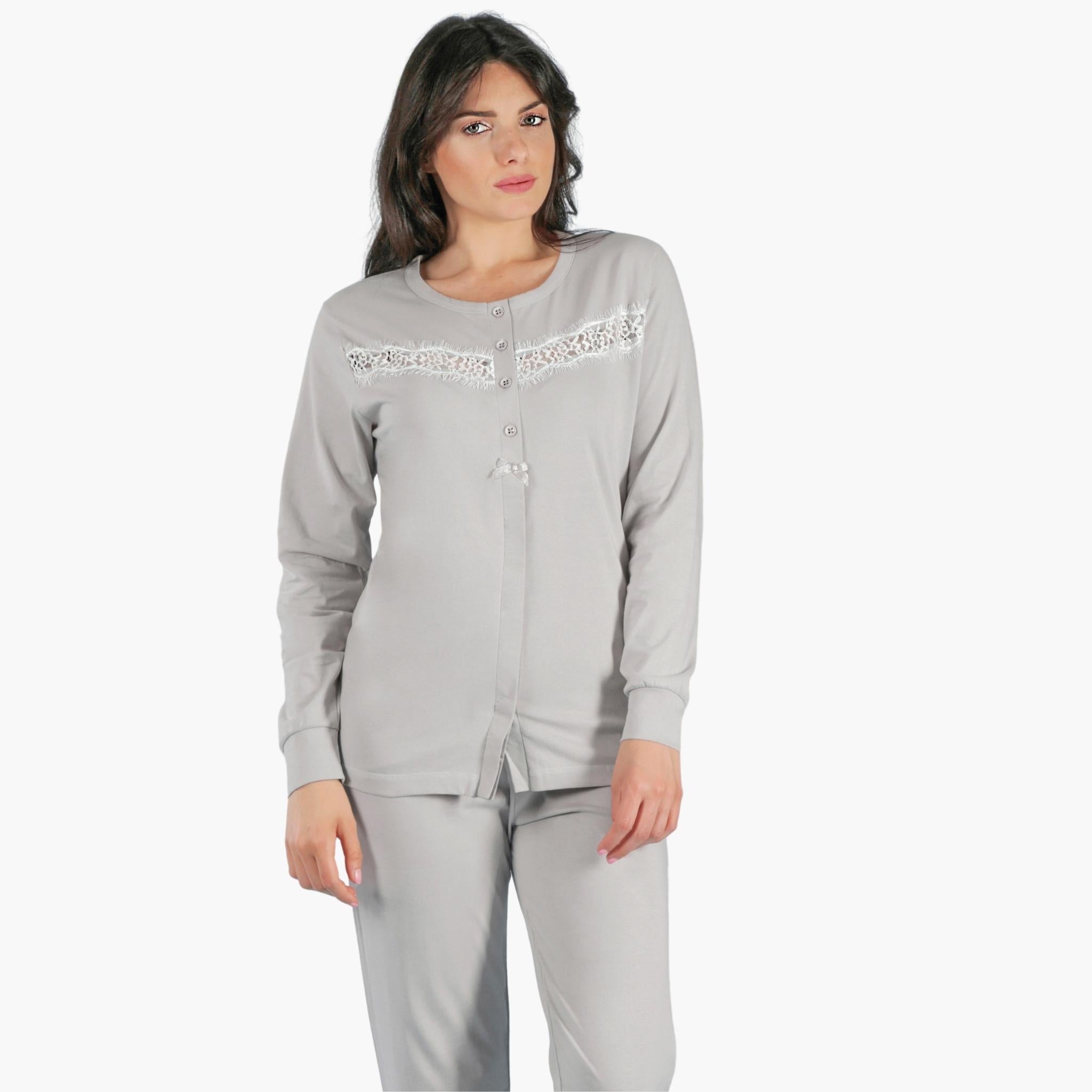 Irge Pigiama Donna Cotone Lungo Serafino Aperto Elastico Caviglia  Inserto In Pizzo Art. Ir1498