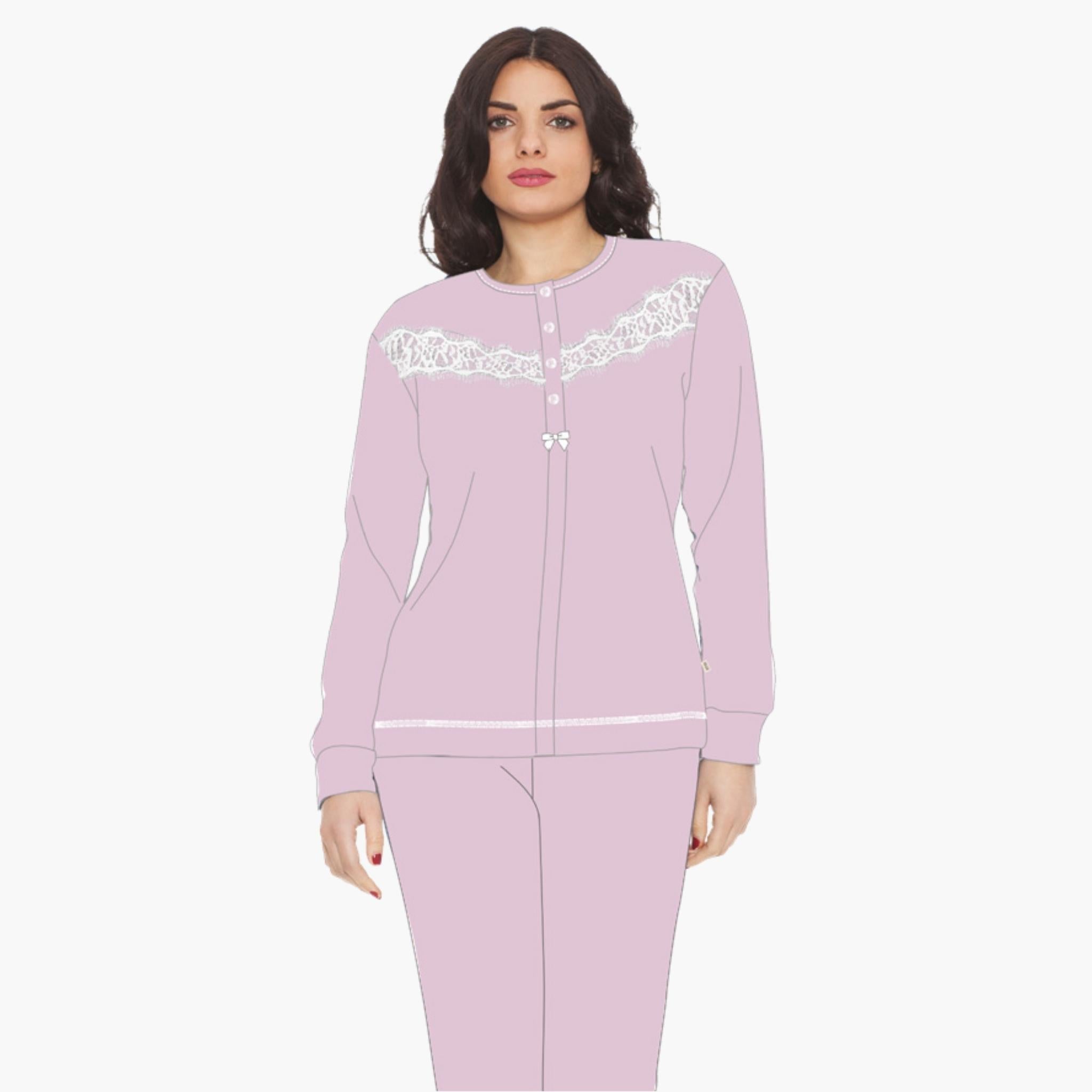 Irge Pigiama Donna Cotone Lungo Serafino Aperto Elastico Caviglia  Inserto In Pizzo Art. Ir1498