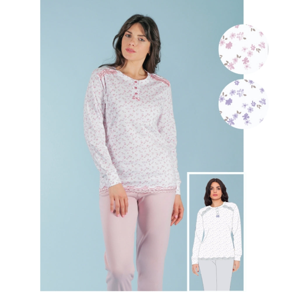 Irge - Pigiama Donna Cotone Lungo 3 Bottoni Stampato Inserto In Pizzo In Puro Cotone  Art. Ir1504