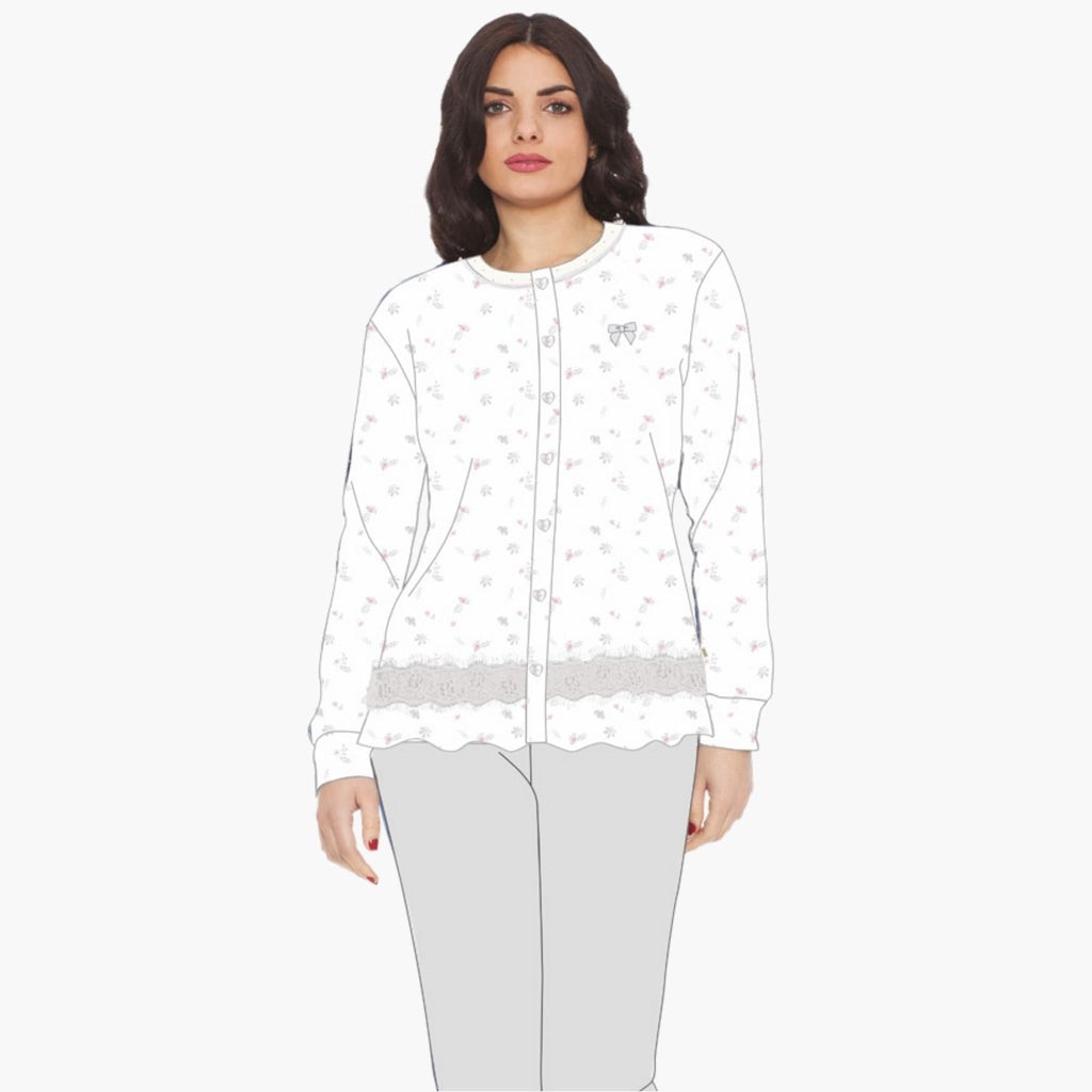 Irge Pigiama Donna Cotone Calibrato Lungo Aperto Con Applicazione In Pizzo Art. Cd131