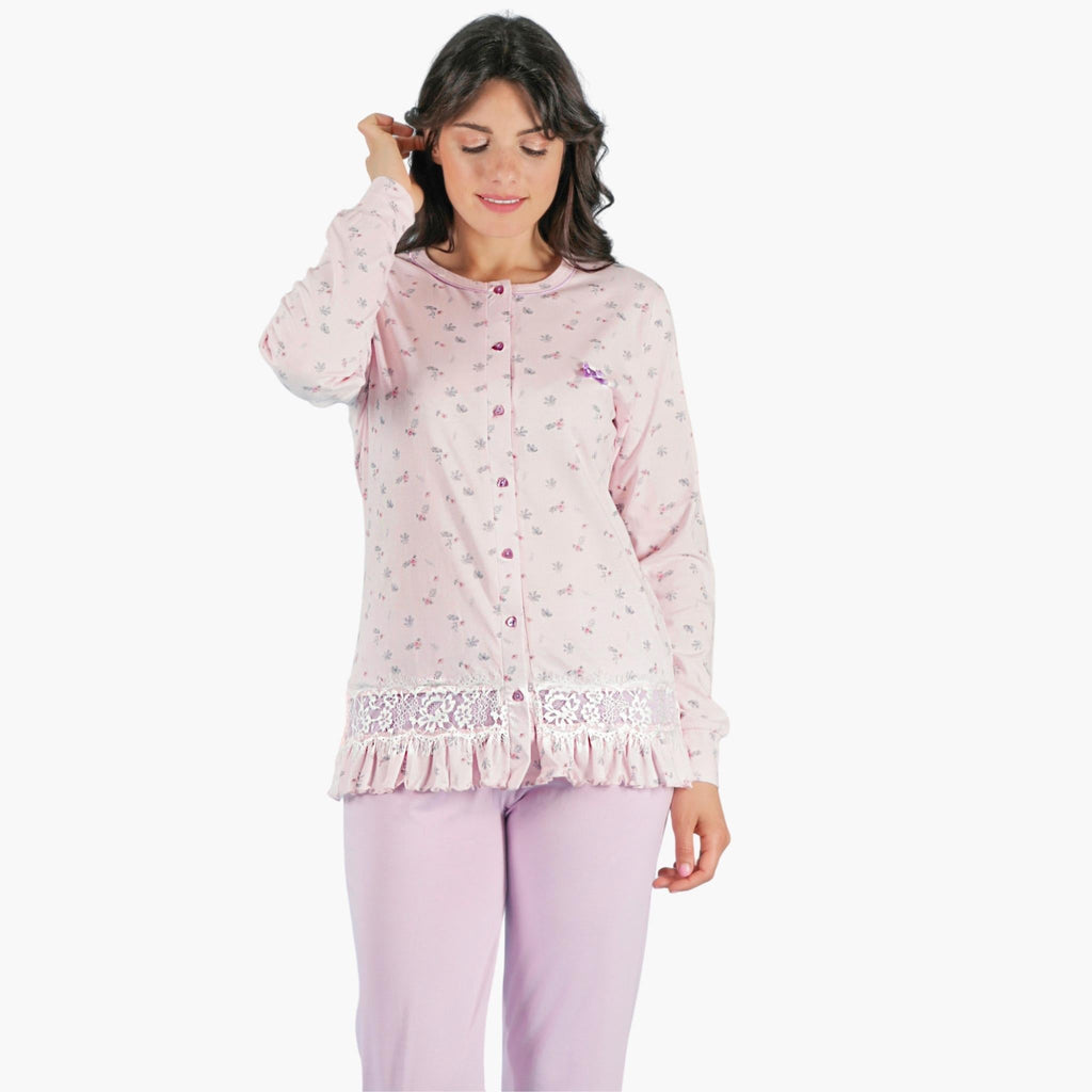 Irge Pigiama Donna Cotone Calibrato Lungo Aperto Con Applicazione In Pizzo Art. Cd131