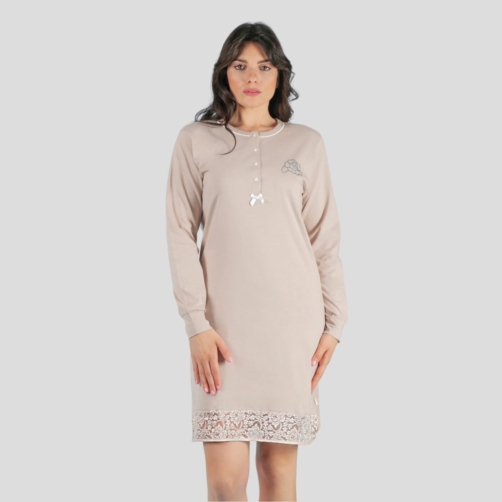 Irge Camicia Da Notte Calibrata Corta In Puro Cotone Inserto In Pizzo Serafino 4 Bottoni  Art. Cd122